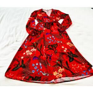 H&M Red Floral Long Sleeve Wrap Dress Women's US 8